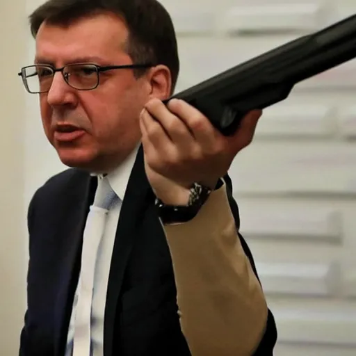 Prompt: image of aleksandar vucic using a gun