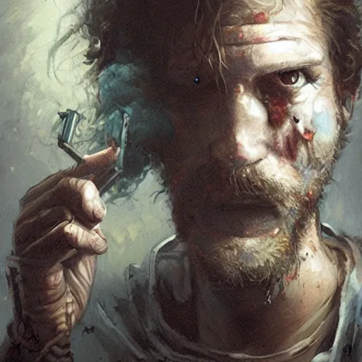 Prompt: henry dorsett case, middleaged shaggy guy, smoker, hacker, cyberpunk, painted by seb mckinnon, high detail, dramatic light, digital art, painted by greg rutkowski, promotional movie posterart, trending on artstation