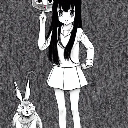 Prompt: a giant rabbit the size of a lion standing next to girl with long dark hair in sailor uniform, manga style, white background, clean lines in dark pen, drawn by junji ito