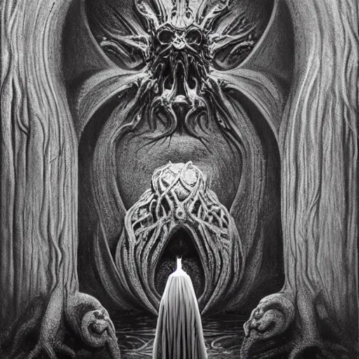 Prompt: priest in front of singular portal hell gate a realistic lovecraft cthulhu creature by zdzisław beksinski and h. r. giger, translucent, photorealistic, hyperrealism, high resolution, ultra - detailed, trending on artstation