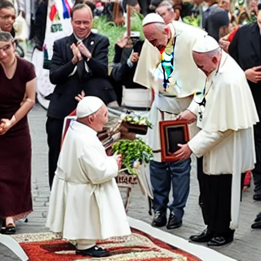 Image similar to pope francis visits animal crossing village with his popecar