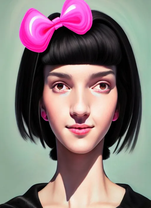 Image similar to portrait of high school girl, realistic, black hair, bangs, half updo hairstyle, pointy nose, skinny, smile, ugly, defined jawline, big chin, pink hair bow, earrings, intricate, elegant, glowing lights, highly detailed, digital painting, artstation, sharp focus, illustration, art by wlop, mars ravelo and greg rutkowski