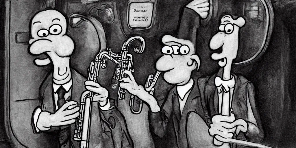 Image similar to squidward playing the clarinet on the new york subway, surrealism aesthetic, detailed facial expressions