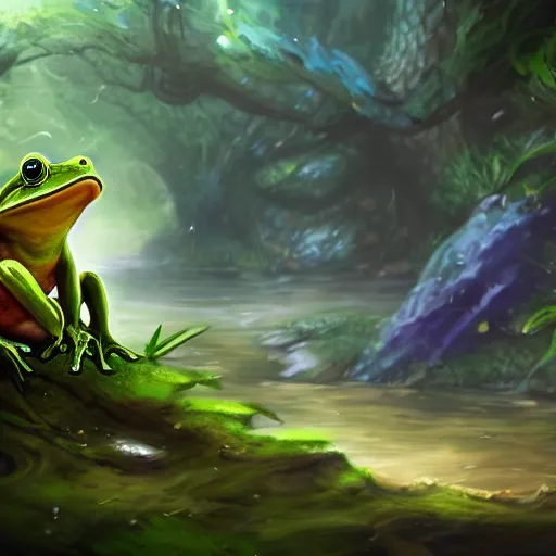 Image similar to beatiful art league of legends splash art of a frog in a swamp