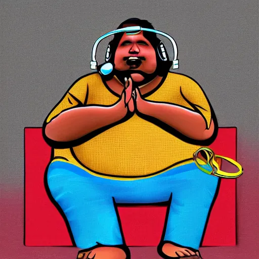 Prompt: sri lankan fat man with headphones playing games, digital art