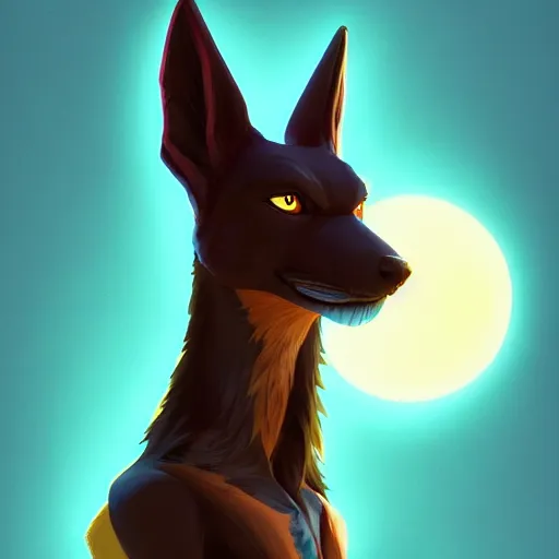 Image similar to portrait of anubis, an antropomorphic creature with coyote face, dark hair, mattepainting concept blizzard pixar maya engine on cold night stylized background splash comics global illumination lighting artstation lois van baarle, ilya kuvshinov, rossdraws