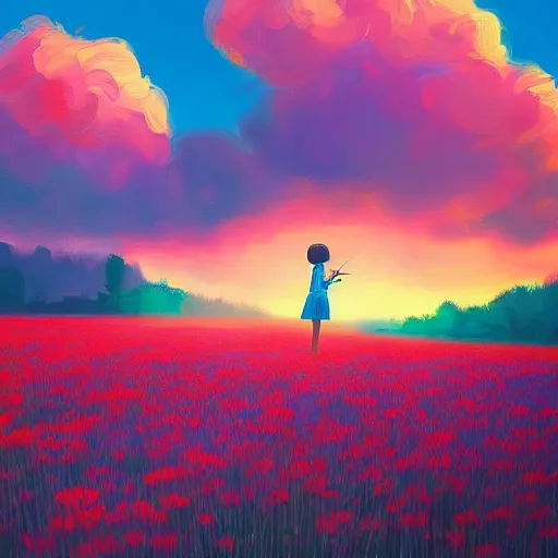 Image similar to girl with a giant carnation head, surreal photography, flower field, sunset dramatic light, impressionist painting, colorful clouds, blue sky, digital painting, artstation, simon stalenhag