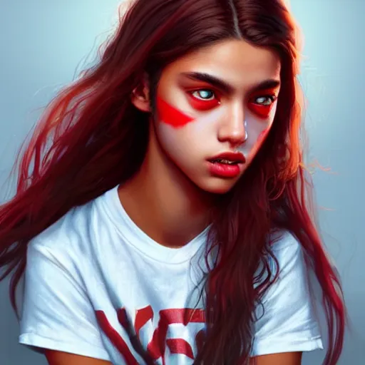 Image similar to colorful and festive captivating teenager with straight brown hair covering his eye, dark skin, big lips, big eyes, wearing a red t - shirt. rich vivid colors, ambient lighting, dynamic lighting, 4 k, atmospheric lighting, painted, intricate, highly detailed by charlie bowater