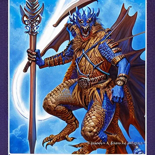 Image similar to half length portrait of a medieval d & d fantasy anthropomorphic blue dragon - human hybrid sorcerer, d & d rulebook cover art by jeff easley