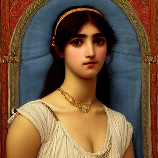 Image similar to beautiful painting by godward, john william of a stunning, beautiful, young kurdish princess, portrait, elegant, incredibly intricate, romanticism, stunning eyes, slender body, wearing beautiful jewelry, award winning art