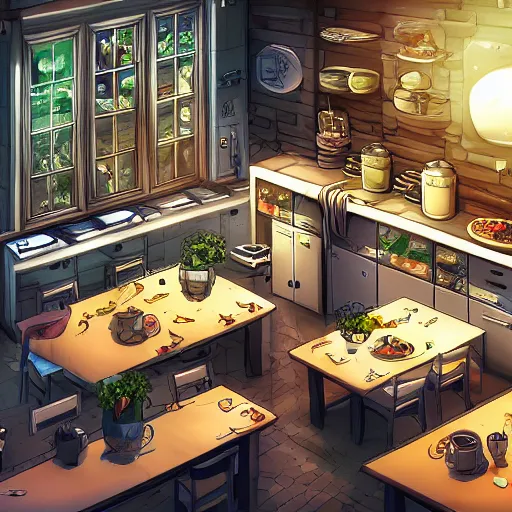 Image similar to chef's kitchen, intricate cluttered visual novel background, busy, shiny, painterly, professional, trending on pixiv