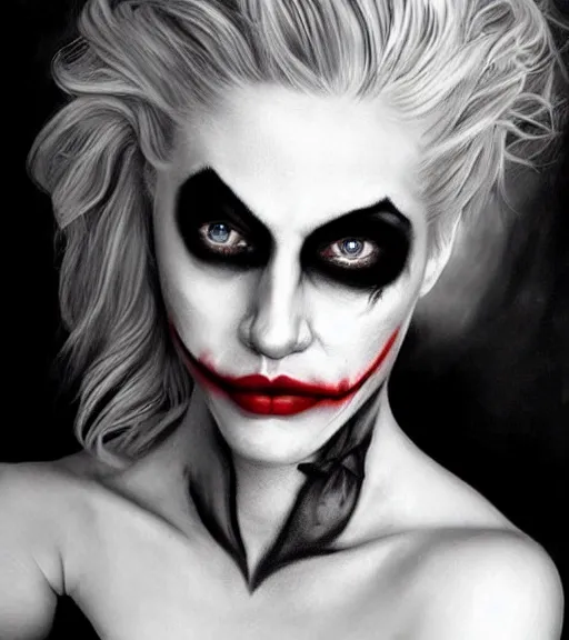 Prompt: tattoo design sketch of a beautiful blonde girl portrait with joker makeup, in the style of den yakovlev, realistic face, black and white, realism tattoo, hyper realistic, highly detailed