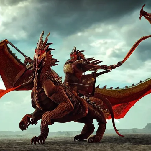 Prompt: female warrios riding a dragon, riding to heaven, with army of a 1000 dragons behind it. cinematic unreal engine, 8K , live action.