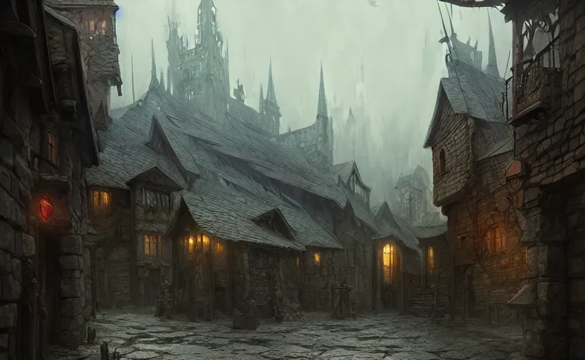 Image similar to epic concept art depicted an old medieval mystic town | art by jakub rebelka and thornton oakley and darek zabrocki and harvey dunn | dramatic mood, overcast mood, dark fantasy environment | trending on artstation, unreal engine, hyperreal movie shot