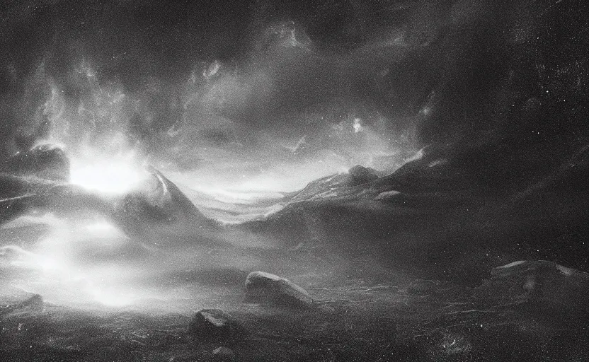 Prompt: lovecraftian horror, lovecraft, monochrome, moody, lighting study, cthulhu, galactic nebula, volumetric fog