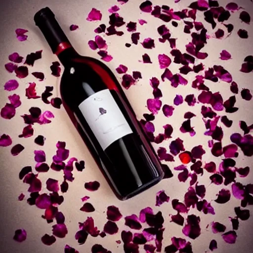 Prompt: beautiful wine bottle warmly lit covered artistically in scattered rose petals