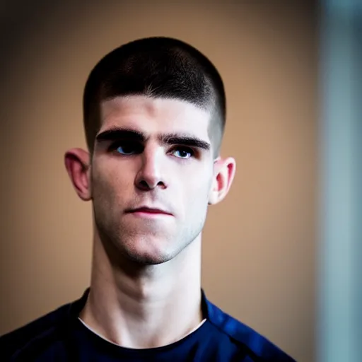 Prompt: “a realistic detailed photo of a guy who is an attractive humanoid who is half robot and half humanoid, who is a male android, Christian Pulisic, shiny skin, posing like a statue, blank stare, press conference, on display”