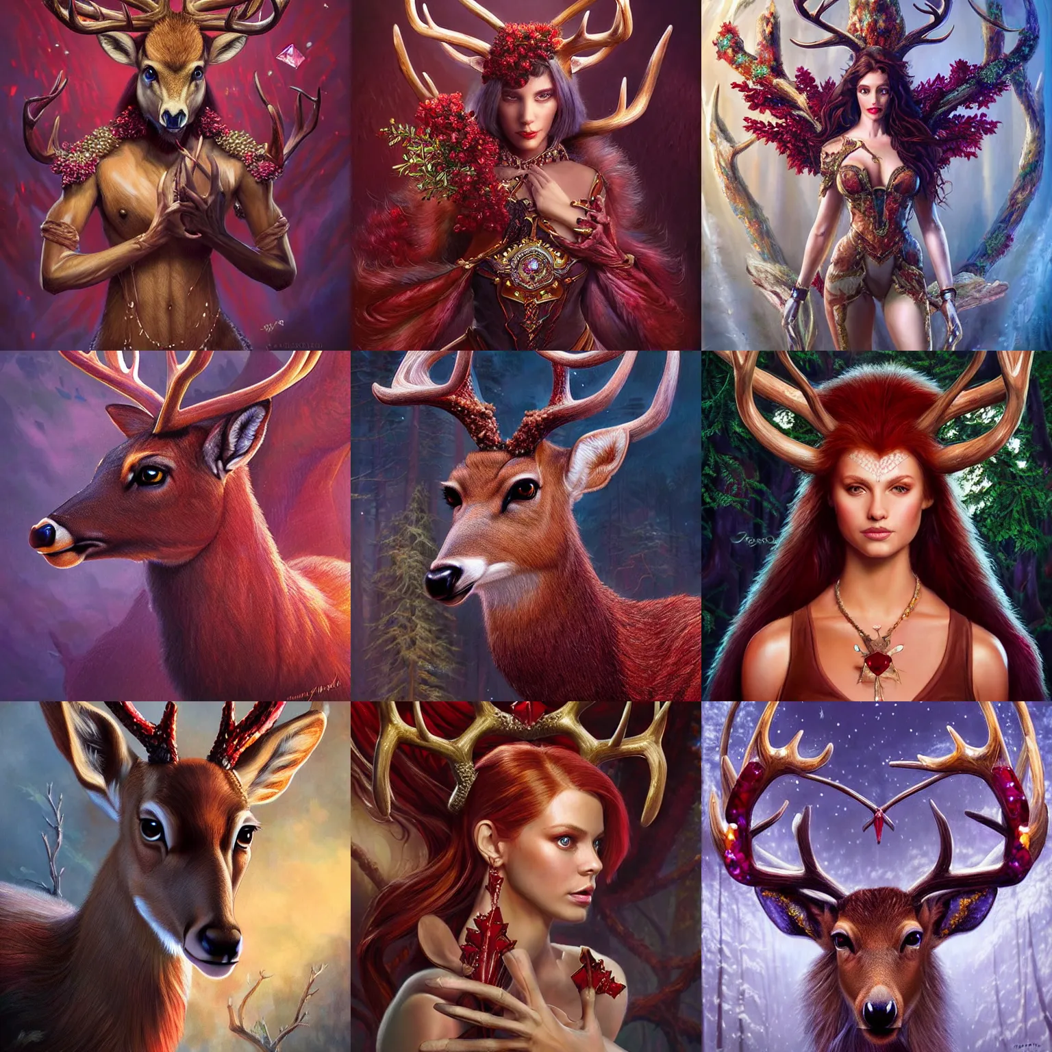 Prompt: beautiful oil painting with high detail of a Deer and red diamond Ruby Geode crystals 🦌 💎 ♦️ hybrid from dungeons and dragons and art direction by James Cameron ;by artgerm; wayne reynolds art station; cinematic quality character action render; ultra high quality model; production quality cinema model; aesthetic