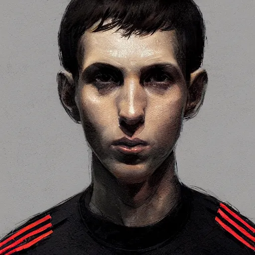 Prompt: Portrait of a man by Greg Rutkowski, he is about 18 years old, british, short black hair with bangs, young, pale, tall and slim, tired look, he's wearing a black adidas tracksuit, highly detailed portrait, scifi, digital painting, artstation, concept art, smooth, sharp foccus ilustration, Artstation HQ