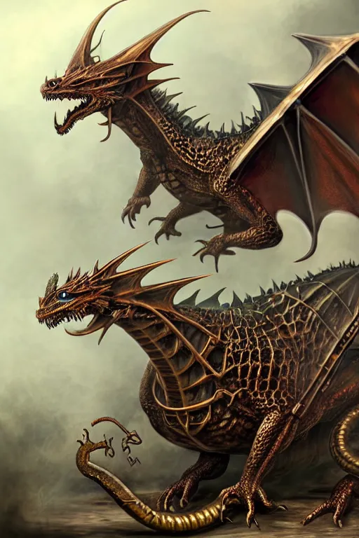 Image similar to hyper realistic dragon with steam punk tanks and tubes and breathing apparatus on its back, white background, full frame, art byjon foster