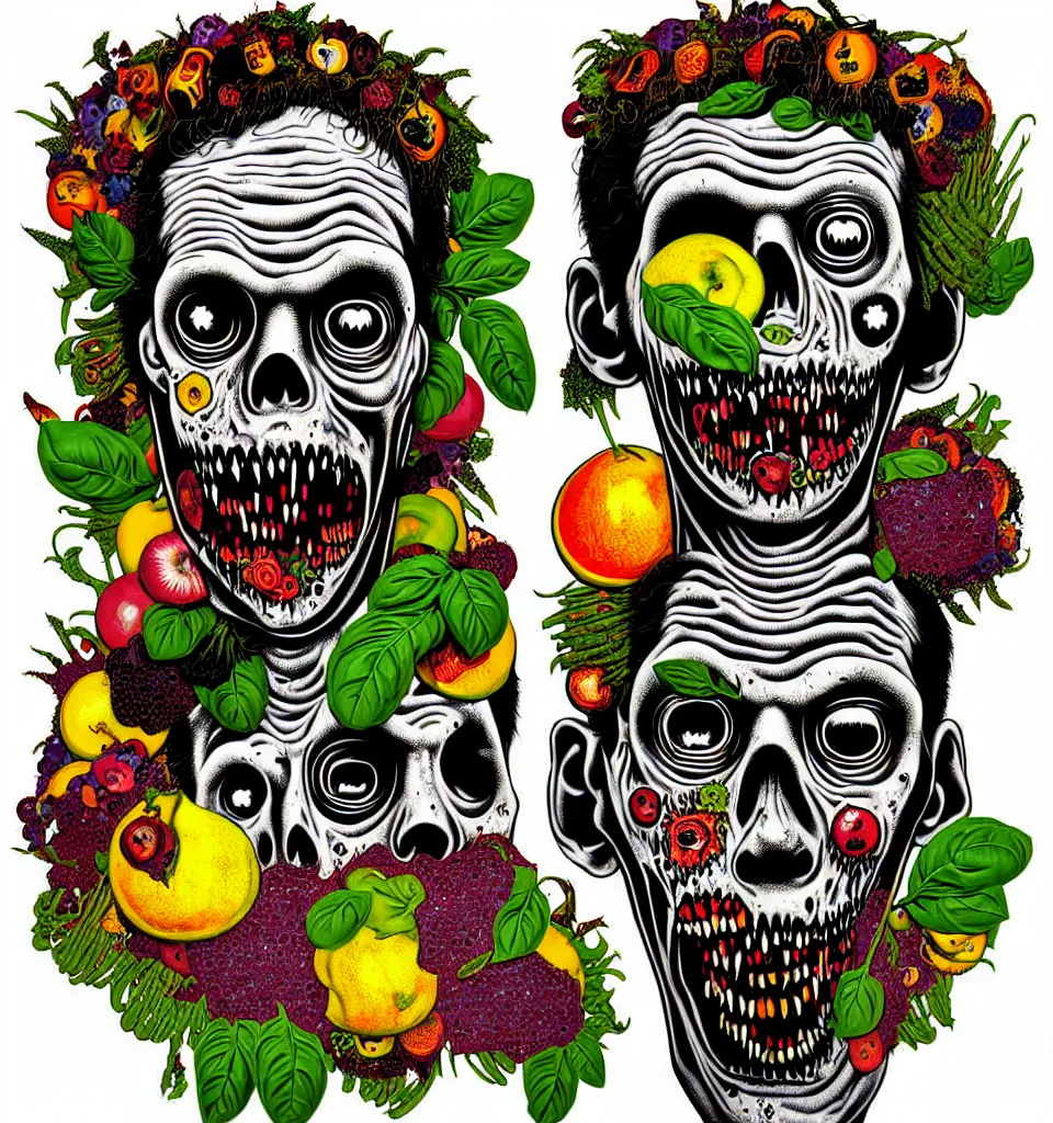 Prompt: portrait of a zombie straightedge hardcore kid, moshing, head made of fruit gems and flowers in the style of arcimboldo, basil wolverton, philip taaffe, cartoonish graphic style, street art, silkscreen pop art, punk graphics, photocopy