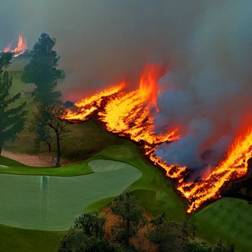 Image similar to lush golf course surrounded by forests on fire