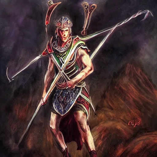 Prompt: cu chulainn, mythology, concept art, fantasy, celtic, dramatic lighting