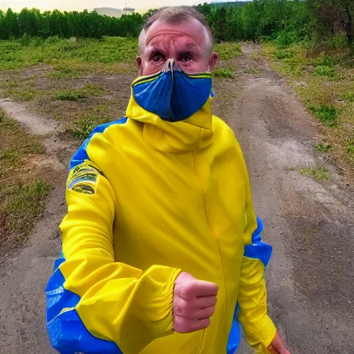 Prompt: 2 0 2 2 last selfie of last alive of frightened funny ukrainian in dirty yellow and blue clothes, trying to escape, badly injured from radiation to bones from a huge nuclear explosion at background