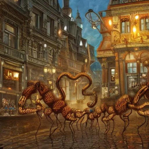 Prompt: gigantic ants walking through the center of a town, extreme detail, abstract realism, highly ornate intricate details, 1 9 2 0's colored pencil, 4 k, cinematic lighting,