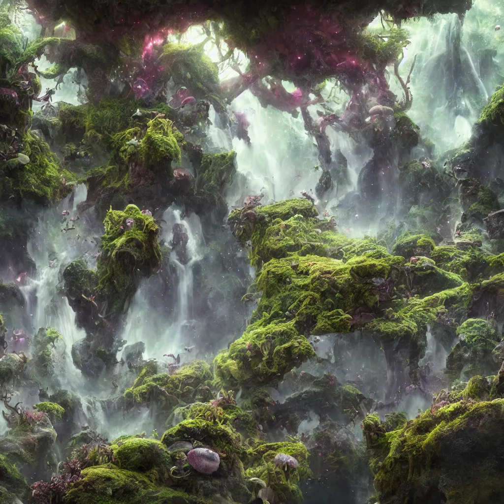 Image similar to tom bagshaw, mythical gigantic space cavern, soft painting 3 d render curiosities carnival pond vegetation rocks mushrooms and tentacles covered moss, luminescent wisps, stunning waterfall, accurate features, focus, very intricate ultrafine details, random volumetric lighting, fog, award winning masterpiece, octane render 8 k hd, artstation