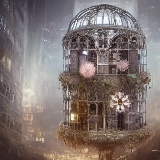 Prompt: an intricate white tree with mechanical flowers inside an intricate futistic gothic cage, suspended in the air above a street of a megalopolis with buildings made of sand and glass, matte painting, cinematic, dramatic atmosphere, detailed, atmospheric, wide angle, artstation trending