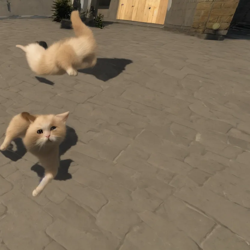 Image similar to a very cute cat jumping, unreal engine, path tracing