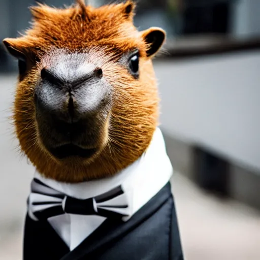 Image similar to an anthro capybara wearing a tuxedo suit, photorealistic, 4K, award-winning