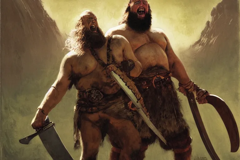 Prompt: worm's eye view of braun strowman as a huge viking wielding machete and laughing with his warriors, dark misty foggy valley, sepia, painted by phil hale and rick berry and norman rockwell and jack kirby and tom lovell and jeremy mann, based on ogre kingdoms by cos koniotis