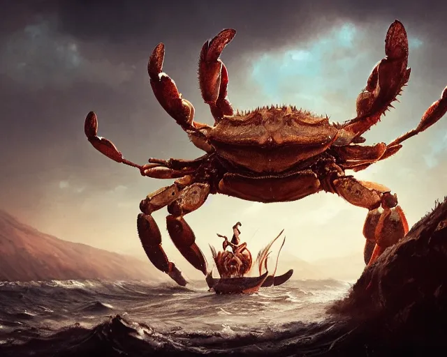 Image similar to 5 5 mm photo of jovanotti riding a giant crab, magical atmosphere. art by greg rutkowski. highly detailed 8 k. intricate. lifelike. soft light. nikon d 8 5 0.