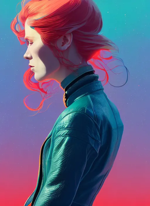 Prompt: portrait of beautiful nordic woman wearing leather jacket, blue eyes, artstation winner by victo ngai, kilian eng and by jake parker, by conrad roset, swirly vibrant color lines, winning award masterpiece, fantastically gaudy, aesthetic octane render, 8 k hd resolution