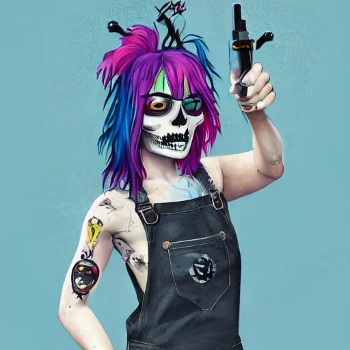 Prompt: a grungy skull woman with rainbow hair, drunk, sally, eyes and narrow chin, dainty figure, long hair straight down, torn overalls, short shorts, combat boots, basic white background, side boob, symmetrical, single person, style of by jordan grimmer and greg rutkowski, crisp lines and color,