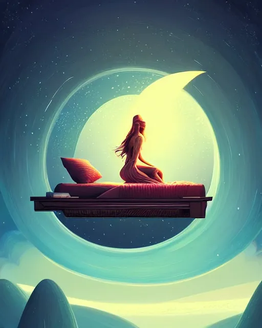 Image similar to beautiful painting of elven on a flying bed, art by mike winkelmann and by petros afshar, sky night, illustration, highly detailed, simple, smooth and clean vector curves, no jagged lines, vector art, smooth, artstation