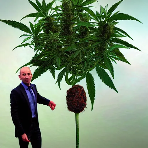 Image similar to naftali Bennett holding a giant marijuana plant, amazing digital art, highly detailed