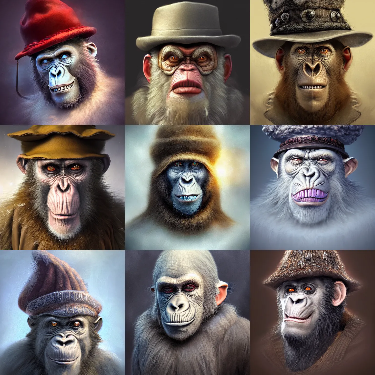 Image similar to a wlop 3 d render of very very very very highly detailed beautiful mystic portrait of a horror phantom'ape mage'with stylish hat and frosty background by anton pieck, intricate, extremely detailed, digital painting, artstation, concept art, smooth, sharp focus, illustration, intimidating lighting, incredible art,