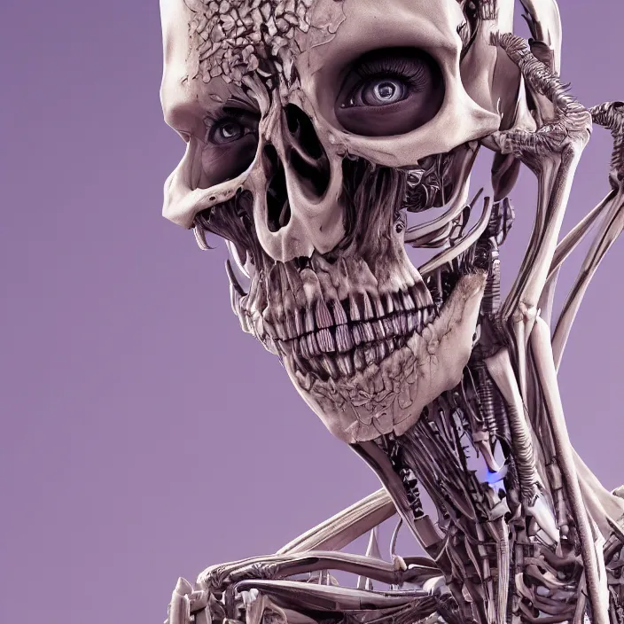 Image similar to portrait of charlize theron as a skeleton. intricate abstract. intricate artwork. nightmare fuel. by Tooth Wu, wlop, beeple, dan mumford. octane render, trending on artstation, greg rutkowski very coherent symmetrical artwork. cinematic, hyper realism, high detail, octane render, 8k, iridescent accents