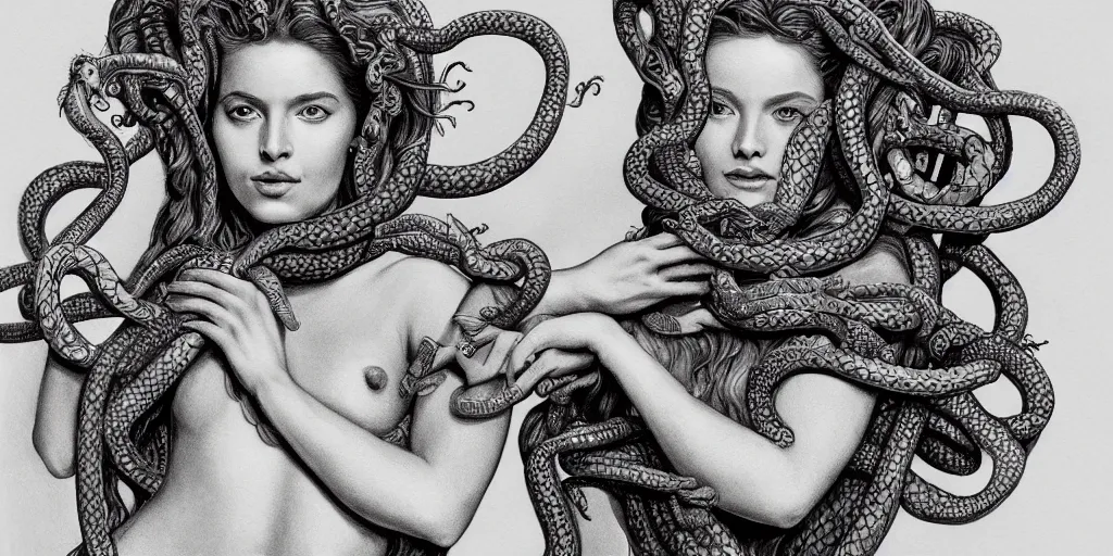 Image similar to realistic portrait of beautiful medusa with her snakes, golden, delicate, hyper realism, 1 4 5 0, ink, ultra realistic, 8 k