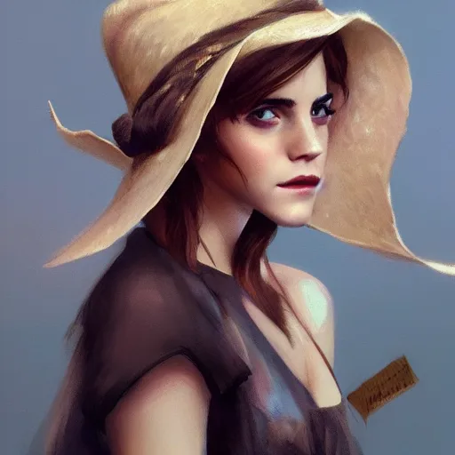 Image similar to sensual emma watson wearing a hat and a dress, looking seductive, cowgirl, hyperrealistic, artgerm, greg rutkowski, artstation, highly detailed