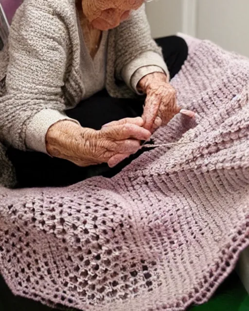 Image similar to a beautiful photograph of an elderly woman’s hands crocheting an Afghan, her hands are highly realistic and accurate.