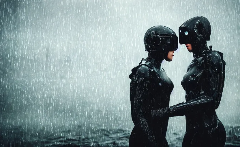 Prompt: cinestill 5 0 d candid photographic portrait by christopher nolan of two loving female androids wearing rugged black mesh techwear in treacherous waters, extreme closeup, modern cyberpunk moody emotional cinematic, pouring rain menacing lights, 8 k, hd, high resolution, 3 5 mm, f / 3 2, ultra realistic faces, ex machina