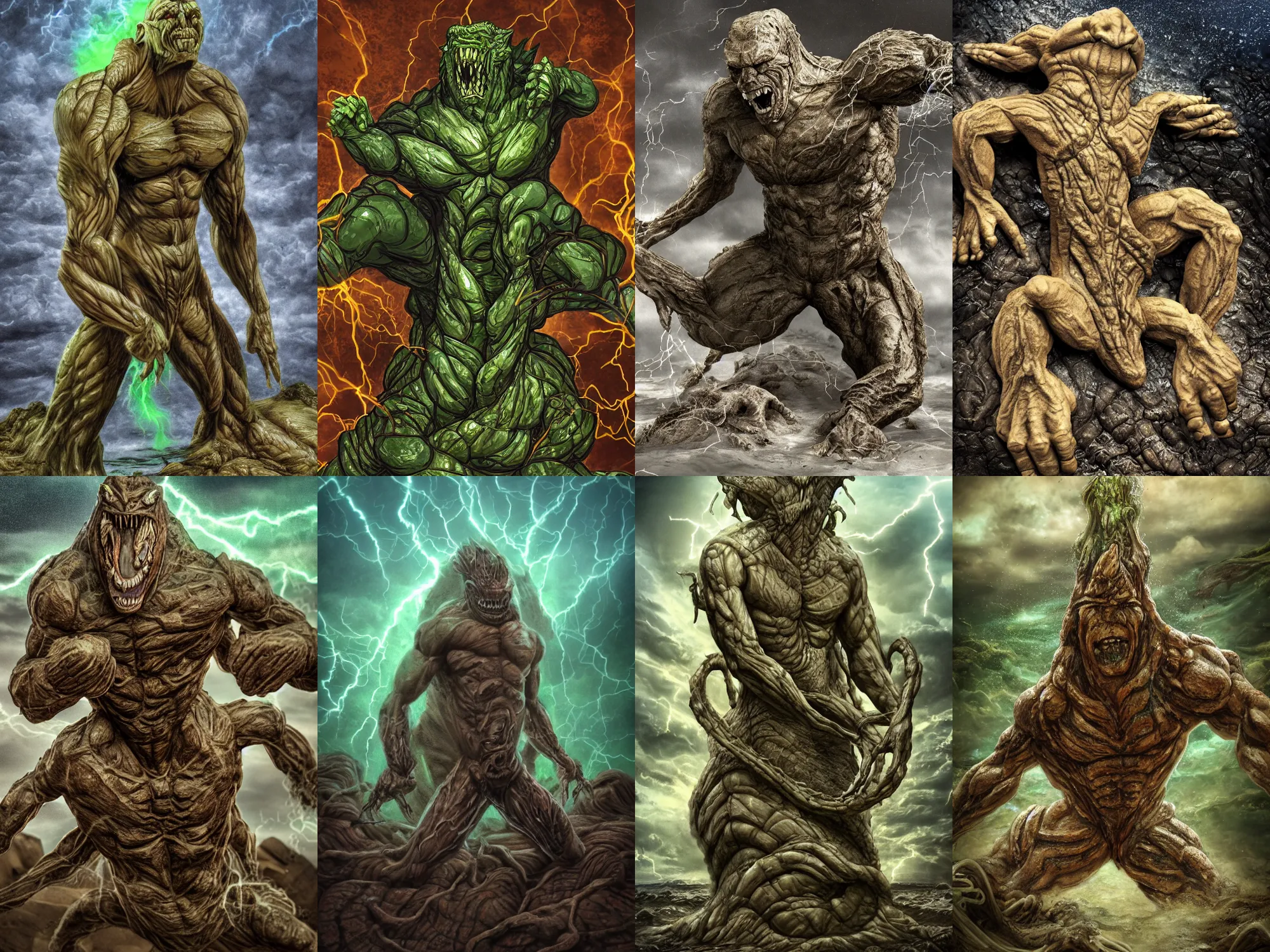Prompt: high resolution photo of a fighting muscular sand creature reptilian god, rocks, watersplash, tree roots, veins, lightning, dark clouds, big muscles, sweat, slime, troll, gills, dragonlike, grown together, overgrown, electronic wires, god rays, dark, skin, plastic wrap,