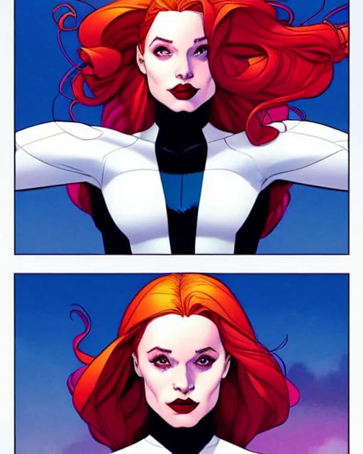 Prompt: rafeal albuquerque comic art, joshua middleton comic art : : pretty madelaine petsch rogue x - men marvel : : big smirk, symmetrical face, symmetrical eyes : : long red hair and [ white hair ] : : with white streak in hair : : full body, flying in the air : : cinematics lighting, sunset colors