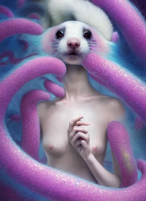 Image similar to hyper detailed 3d render like a Oil painting - kawaii portrait Aurora (white haired Singer Ferret) seen Eating of the Strangling network of yellowcake aerochrome and milky Fruit and Her delicate Hands hold of gossamer polyp blossoms bring iridescent fungal flowers whose spores black the foolish stars by Jacek Yerka, Mariusz Lewandowski, Houdini algorithmic generative render, Abstract brush strokes, Masterpiece, Edward Hopper and James Gilleard, Zdzislaw Beksinski, Mark Ryden, Wolfgang Lettl, hints of Yayoi Kasuma, octane render, 8k