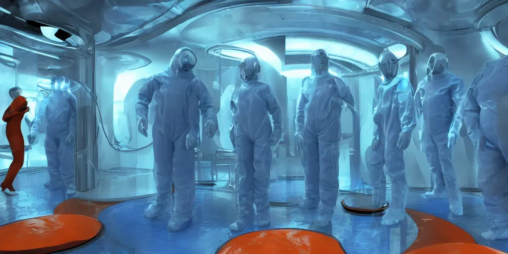 Prompt: team of sci - fi scientists in blue bio - hazard suits research creepy alien in stasis capsule filled water with orange light, high detail, dark environment, volumetric light, unreal engine 5, digital art