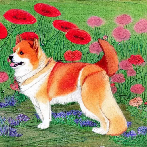 Image similar to a red akita inu wearing a kimono, in a field of flowers, painting in the style of warwick goble, highly detailed